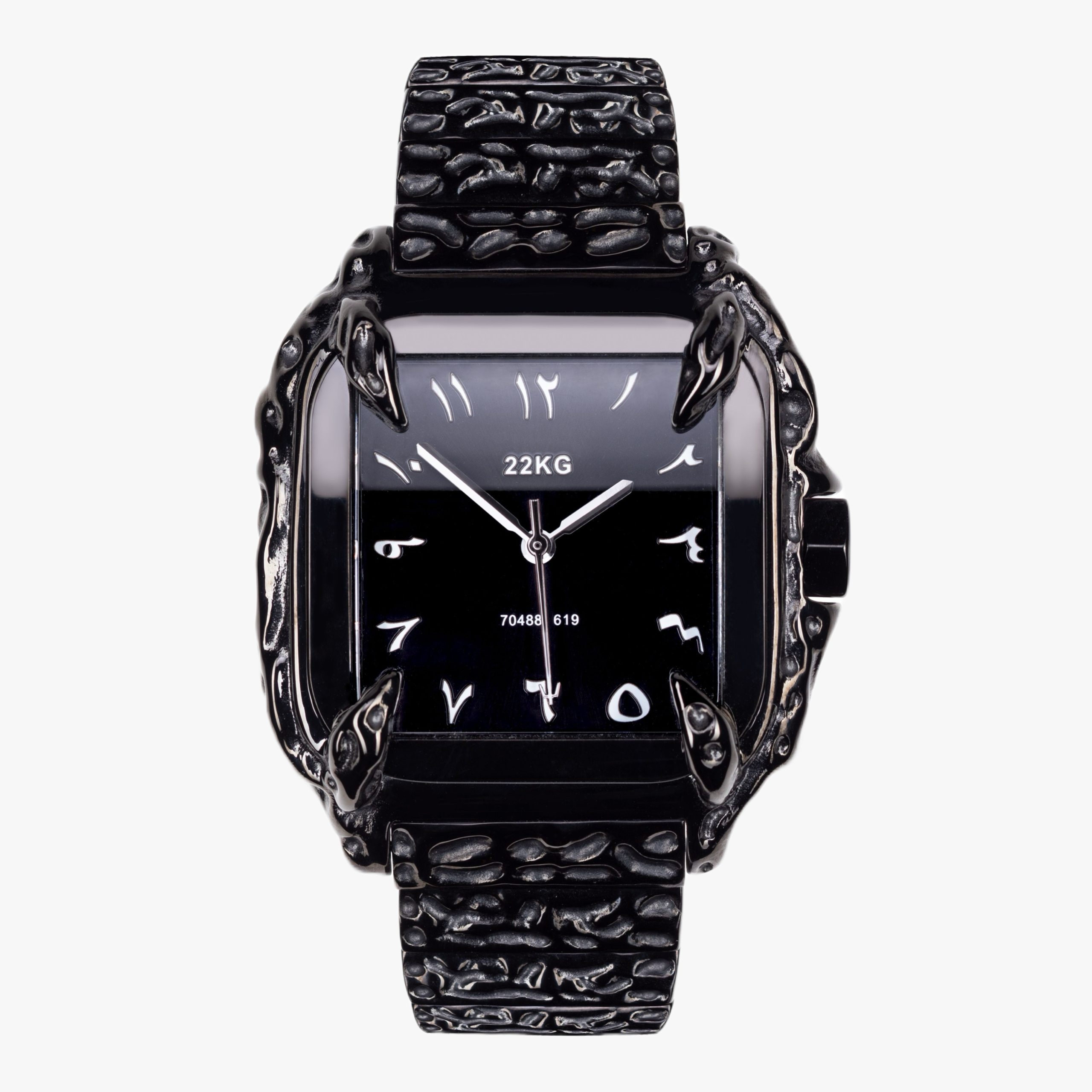 A black stainless steel watch with a patterned band and a black dial featuring Arabic numerals.