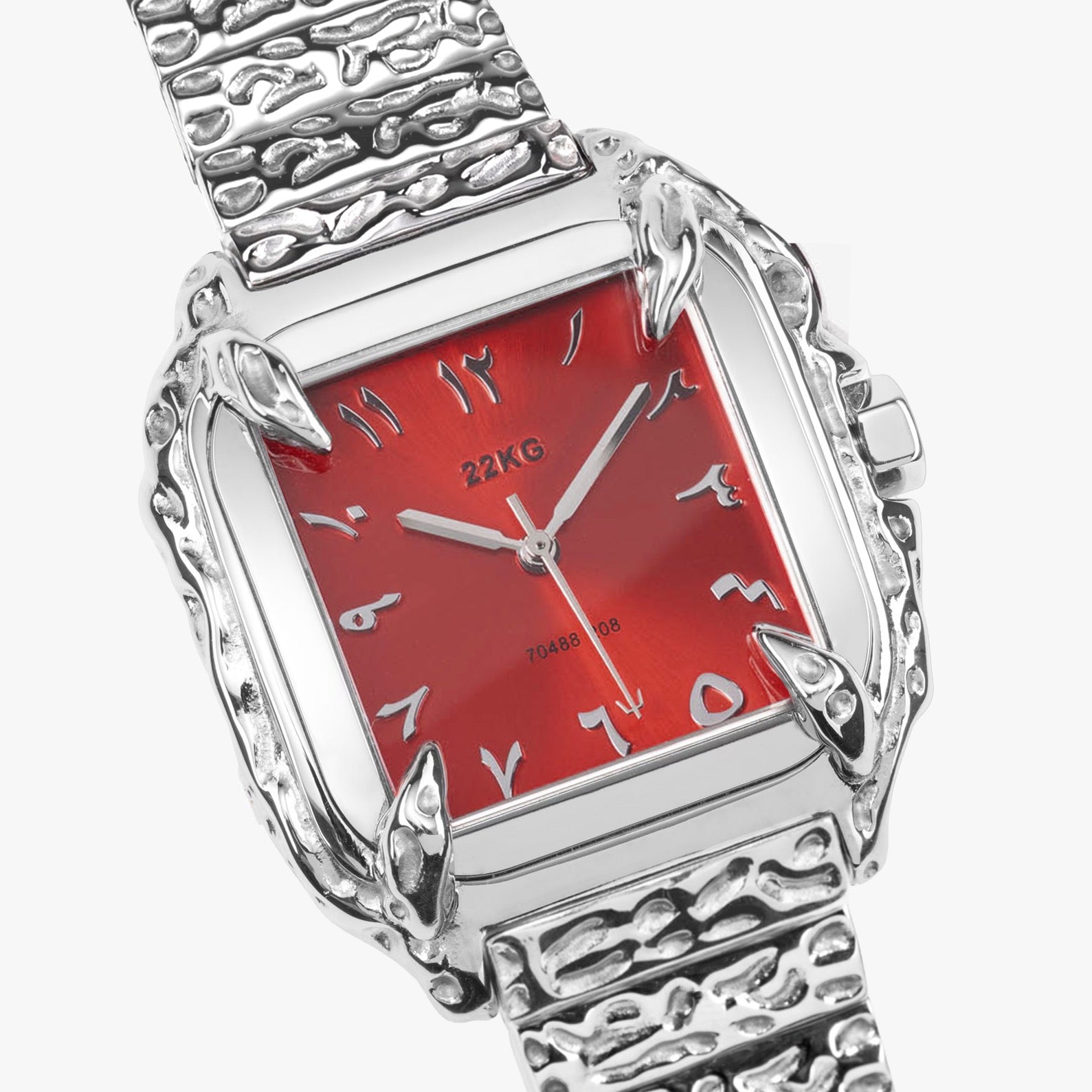 Silver watch with a red face on a white background