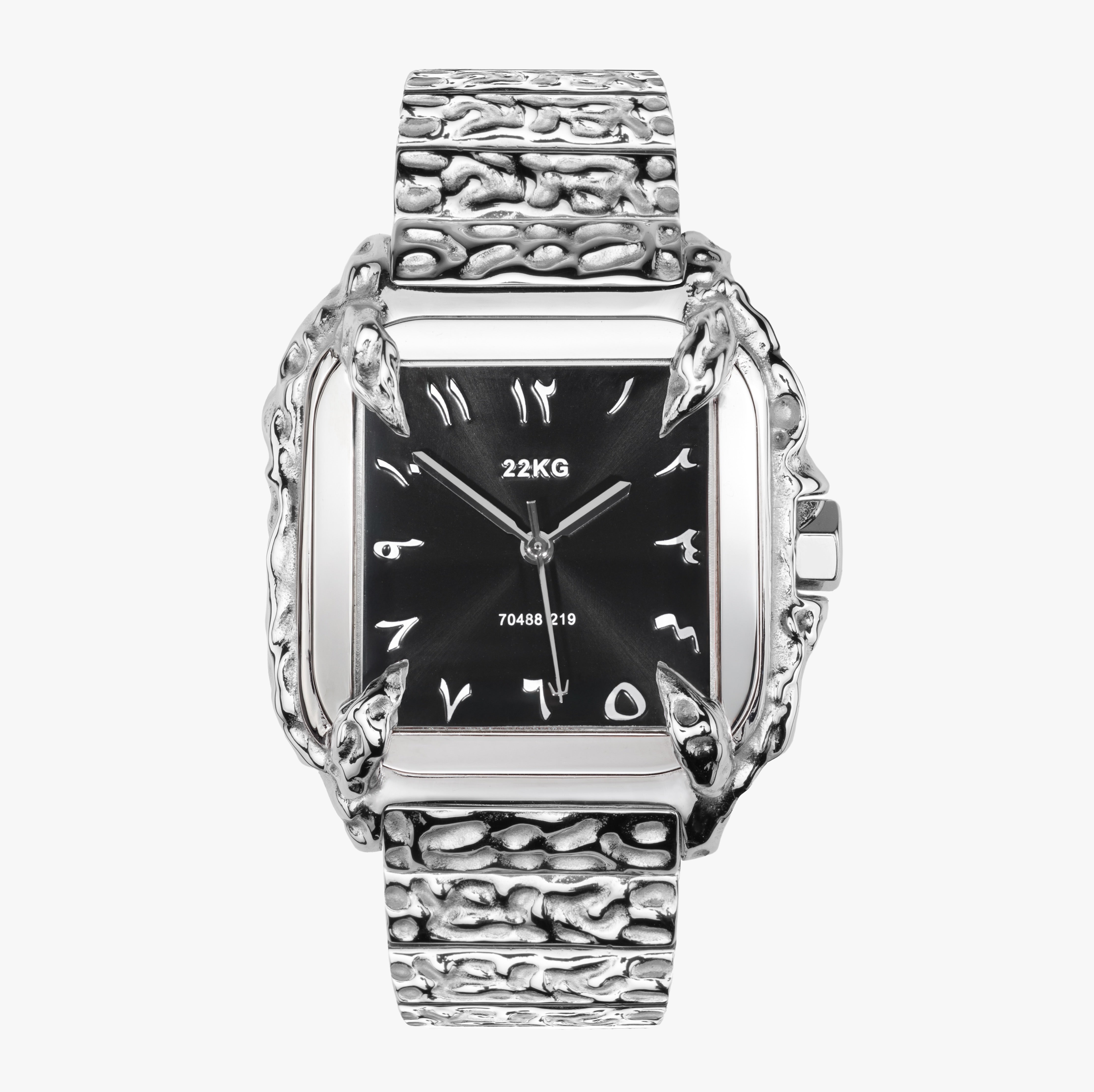 Silver 22KG canine watch with black face on a white background