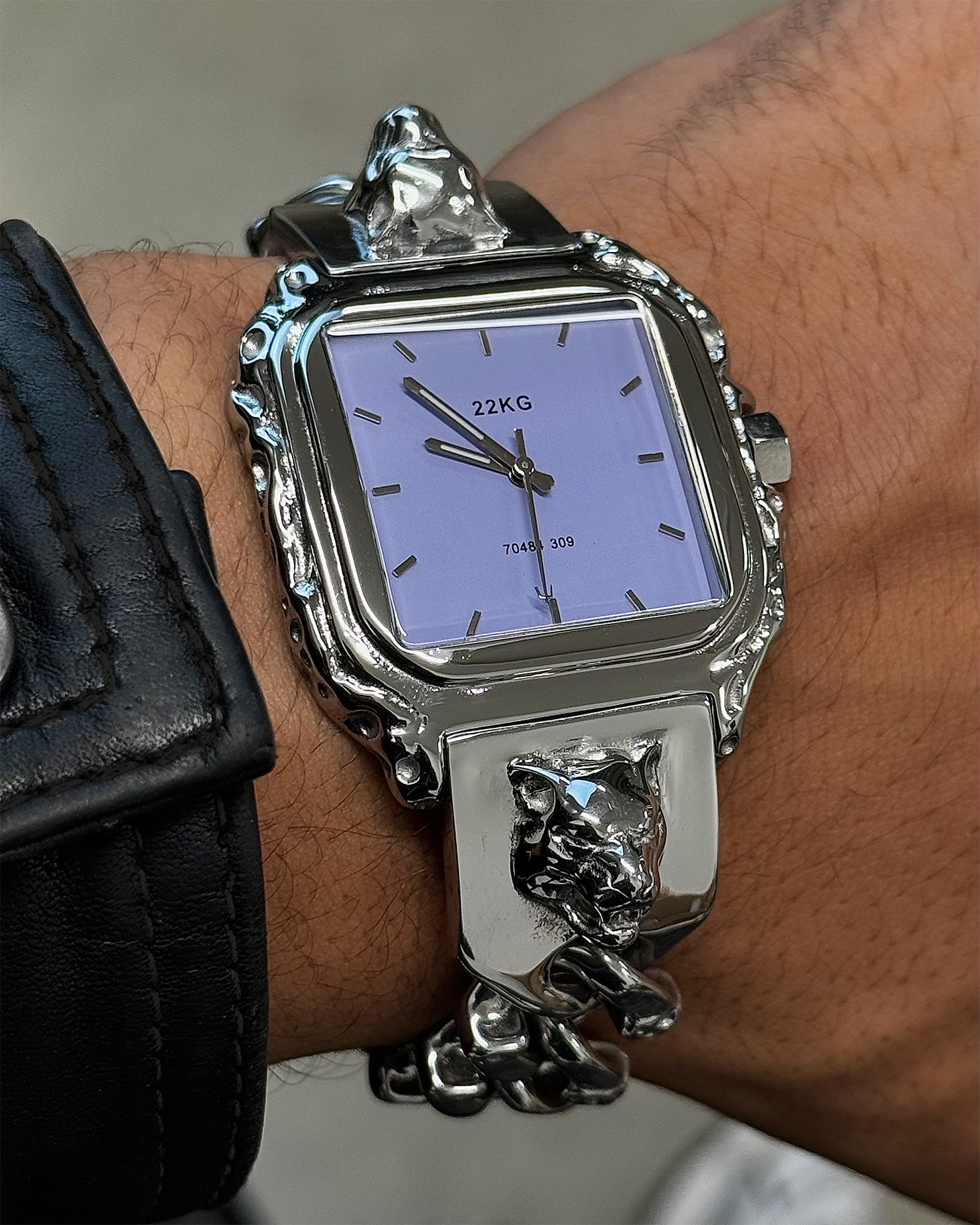 22KG panthra watch lavender dial wrist shot - original in-house stainless steel design 